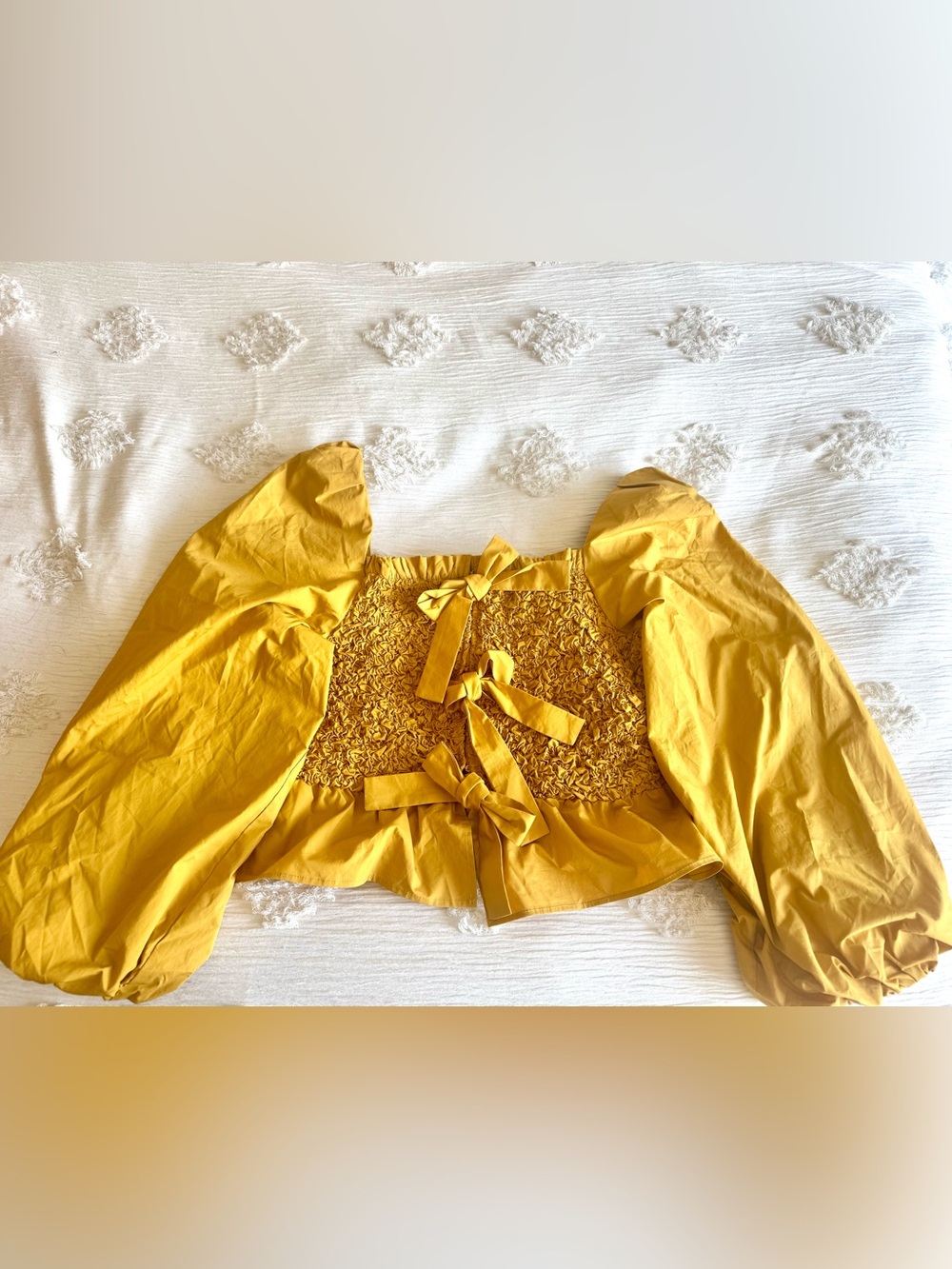Anthropologie Mustard Yellow Marigold Smocked Puff-Sleeve Women’s Bow Tie Top